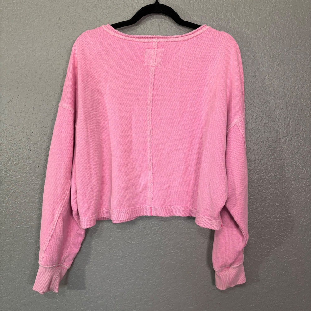 Aerie Pink Cropped Sweatshirt Waffle Knit Boxy Pullover Large - Picture 2 of 4